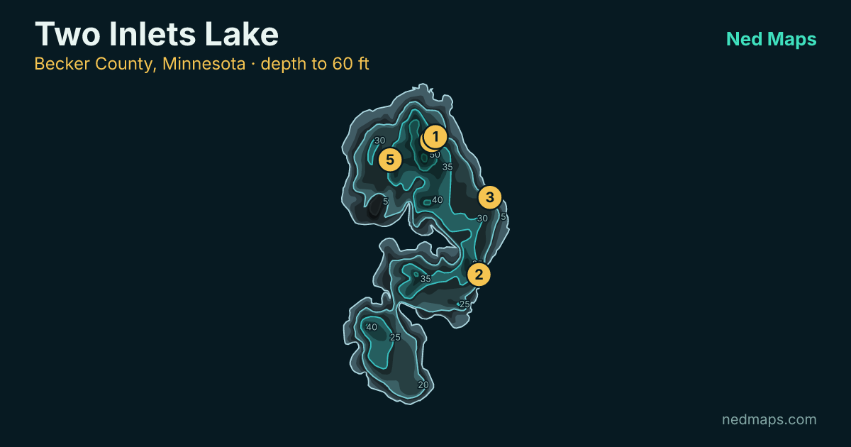 Two Inlets Lake depth contour map, Becker County, Minnesota