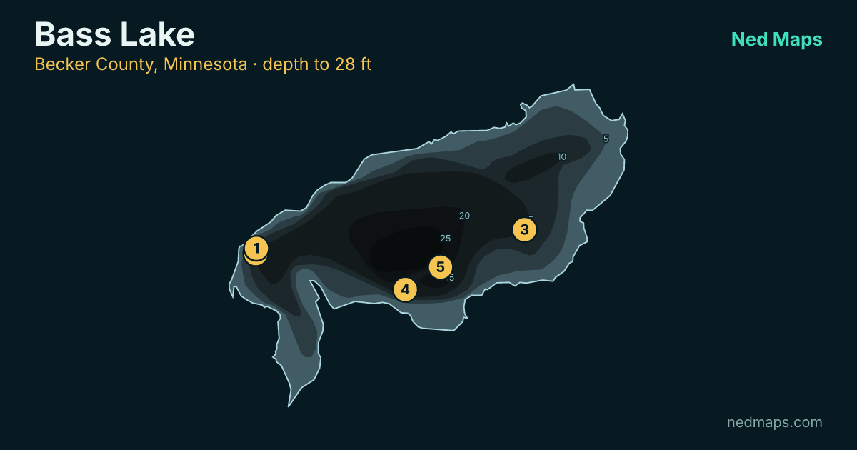 Bass Lake depth contour map, Becker County, Minnesota