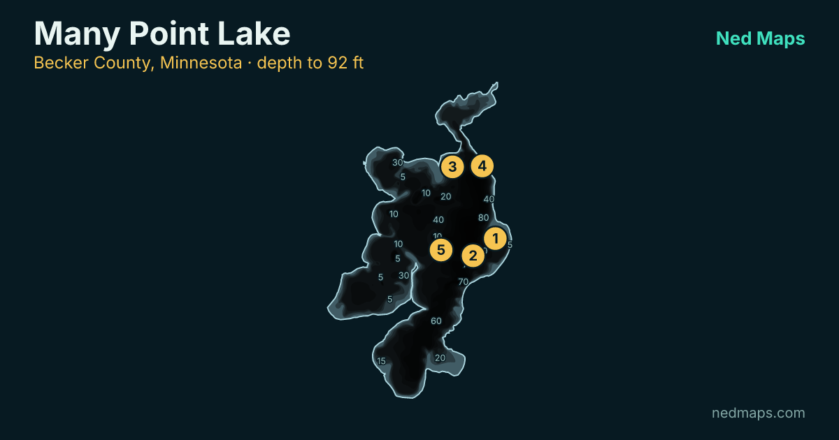 Many Point Lake depth contour map, Becker County, Minnesota