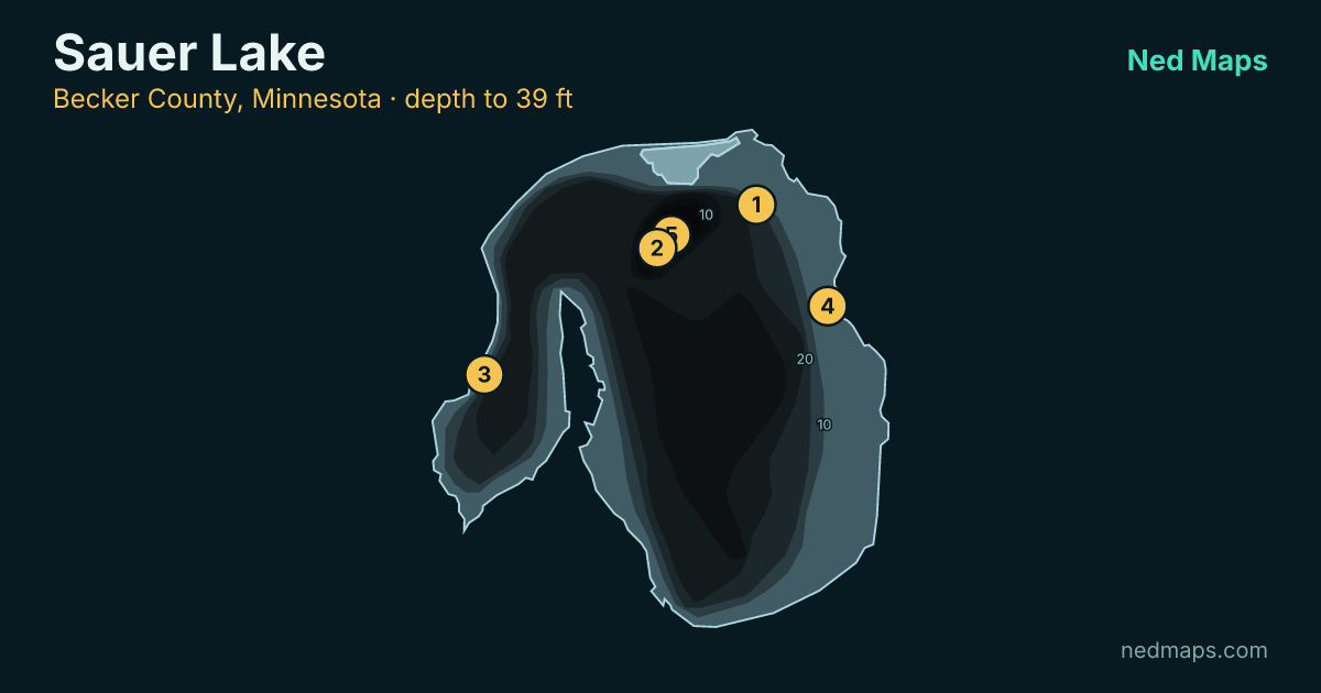 Sauer Lake depth contour map, Becker County, Minnesota