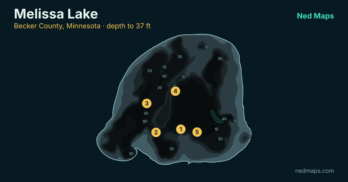 Melissa Lake depth contour map, Becker County, Minnesota