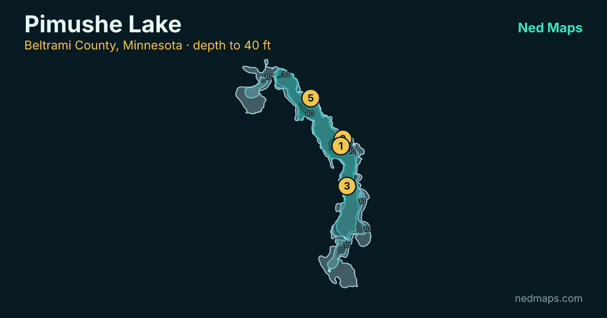 Pimushe Lake depth contour map, Beltrami County, Minnesota