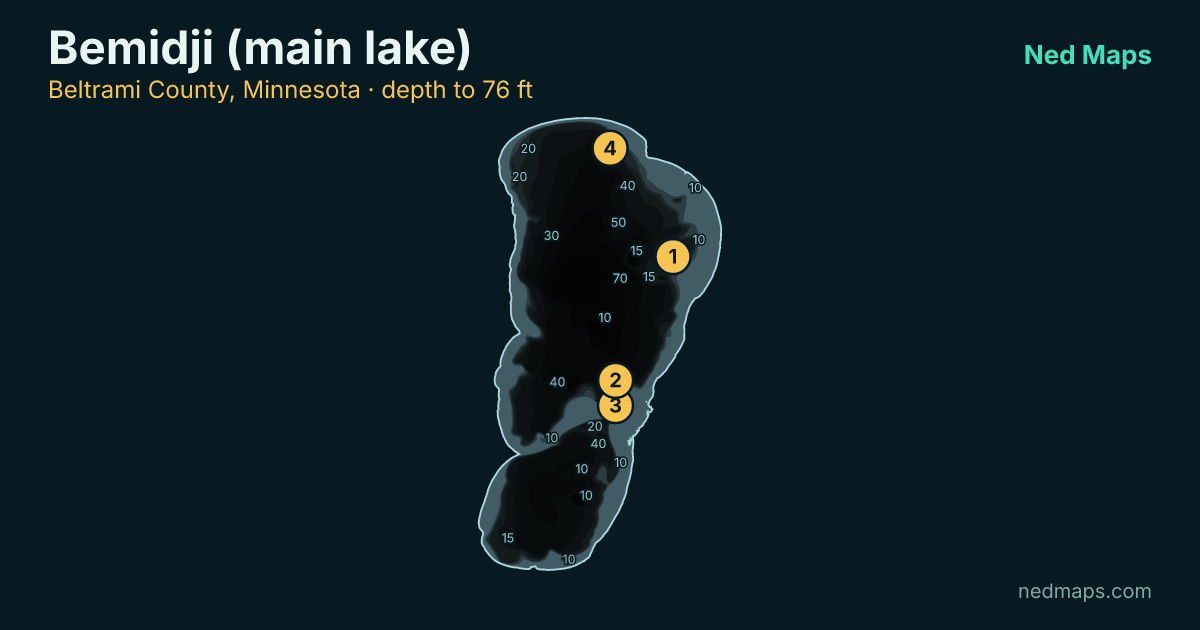 Bemidji (main lake) depth contour map, Beltrami County, Minnesota