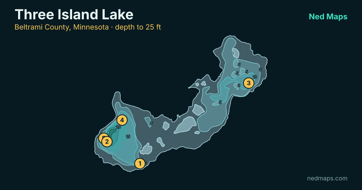 Three Island Lake depth contour map, Beltrami County, Minnesota