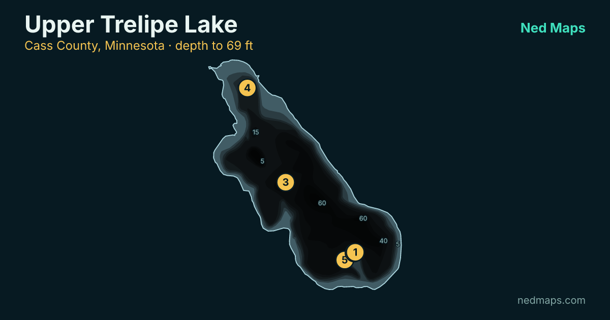 Upper Trelipe Lake depth contour map, Cass County, Minnesota