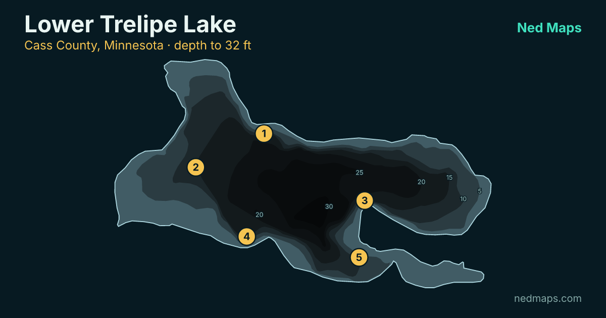 Lower Trelipe Lake depth contour map, Cass County, Minnesota