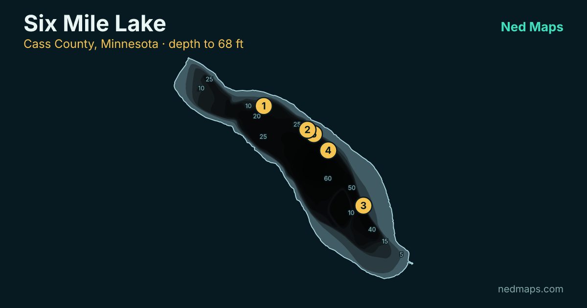 Six Mile Lake depth contour map, Cass County, Minnesota