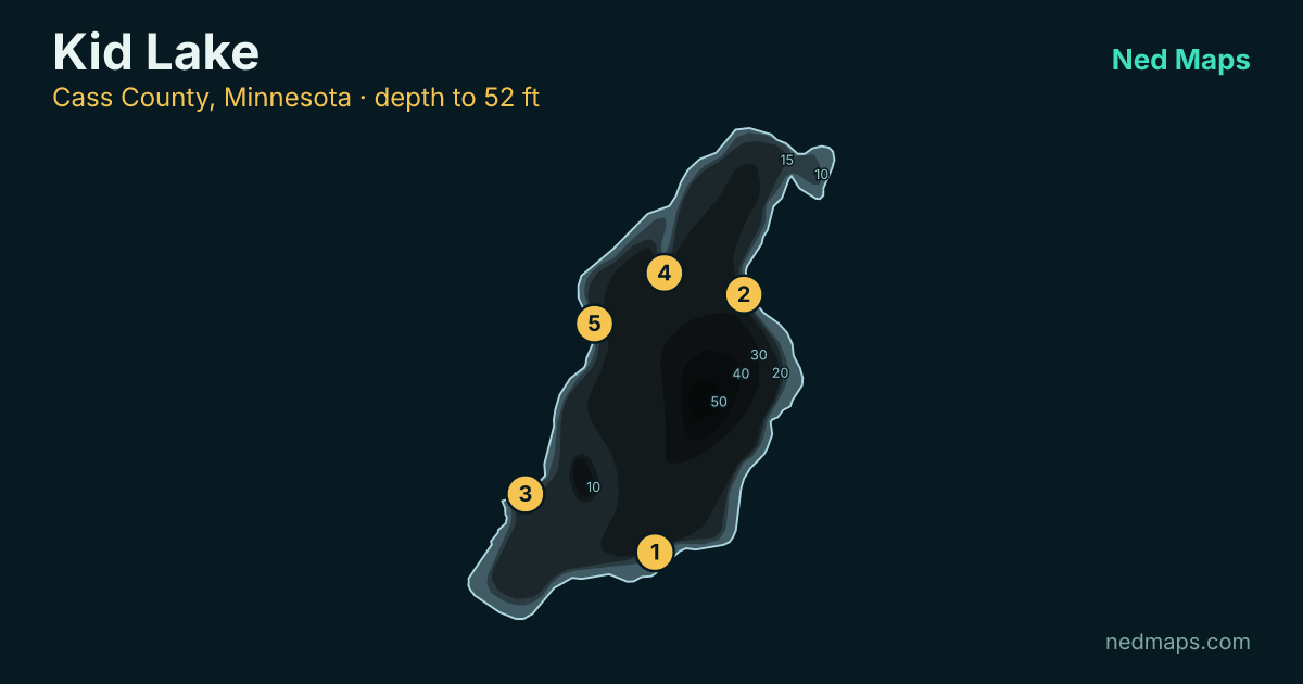 Kid Lake depth contour map, Cass County, Minnesota