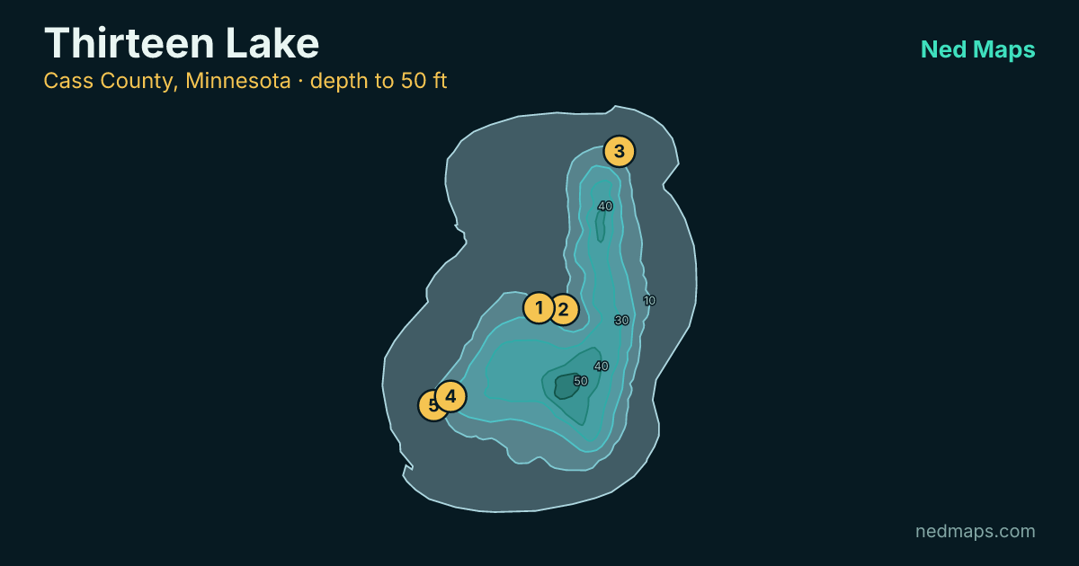 Thirteen Lake depth contour map, Cass County, Minnesota