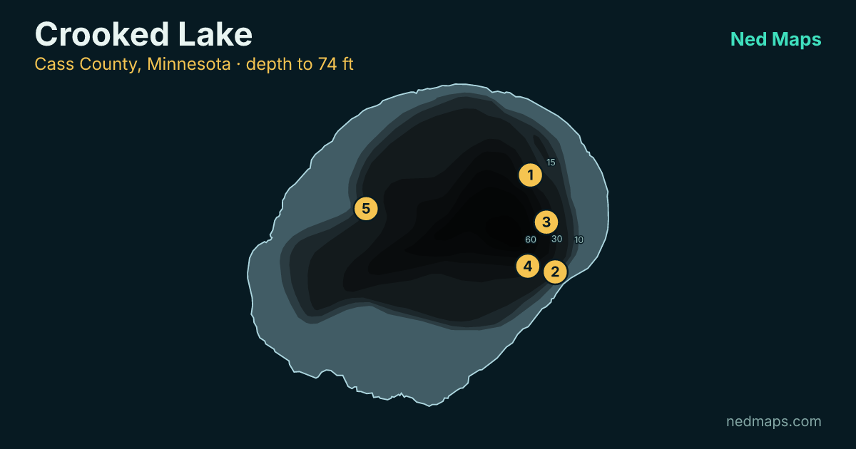 Crooked Lake depth contour map, Cass County, Minnesota