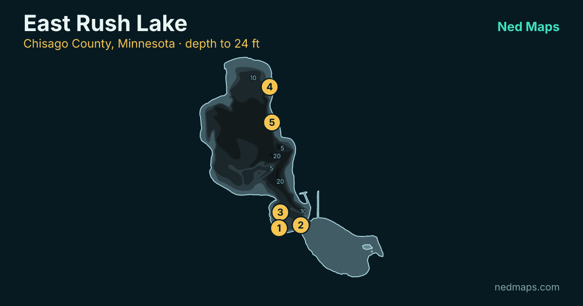 East Rush Lake depth contour map, Chisago County, Minnesota