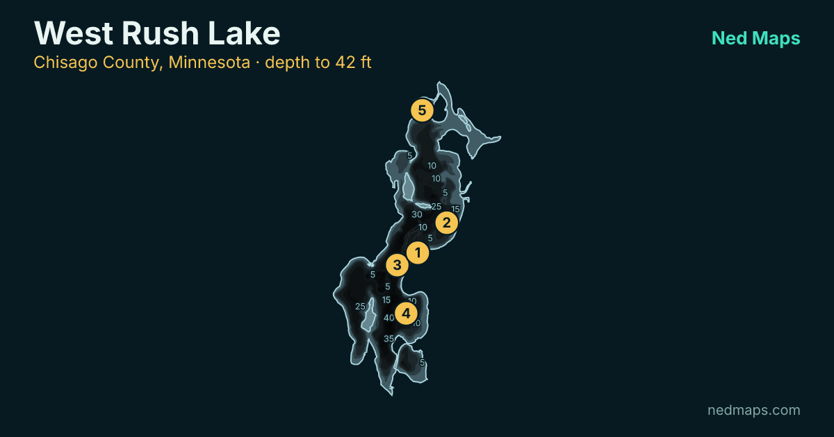 West Rush Lake depth contour map, Chisago County, Minnesota