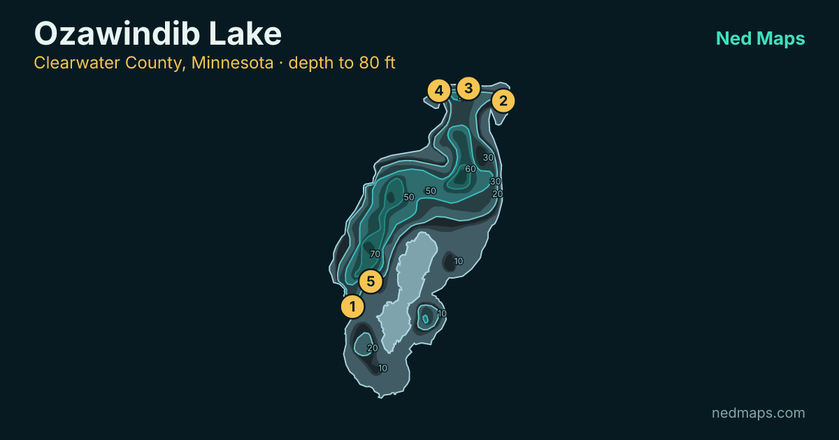 Ozawindib Lake depth contour map, Clearwater County, Minnesota