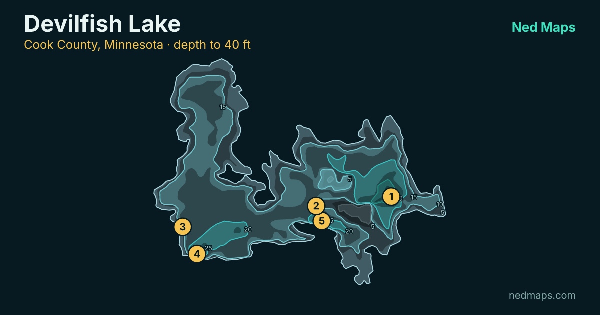 Devilfish Lake depth contour map, Cook County, Minnesota