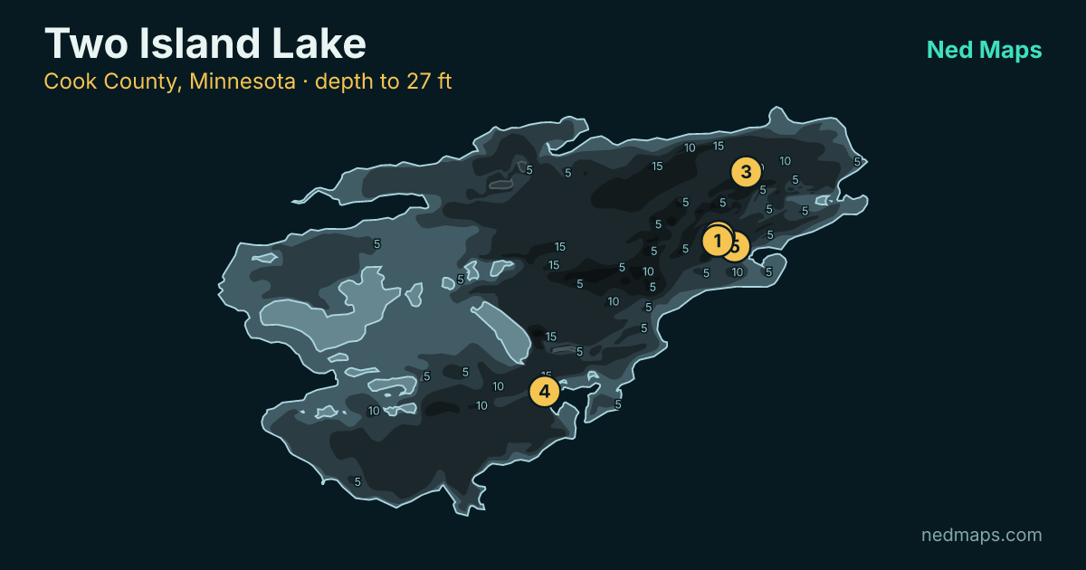 Two Island Lake depth contour map, Cook County, Minnesota
