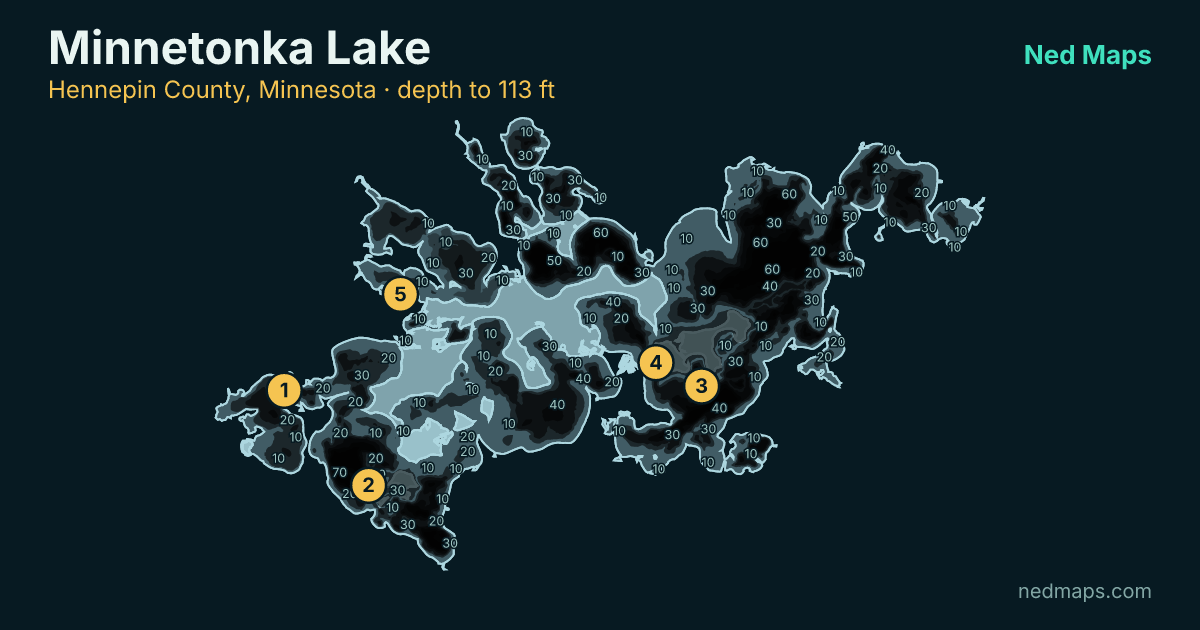 Minnetonka Lake depth contour map, Hennepin County, Minnesota