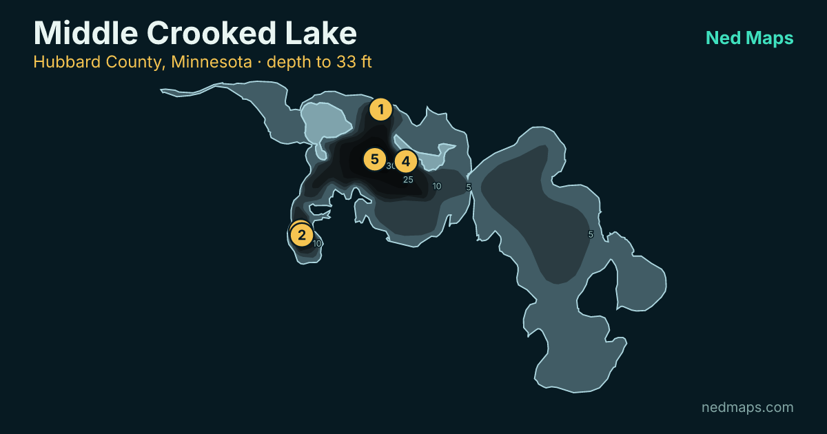 Middle Crooked Lake depth contour map, Hubbard County, Minnesota