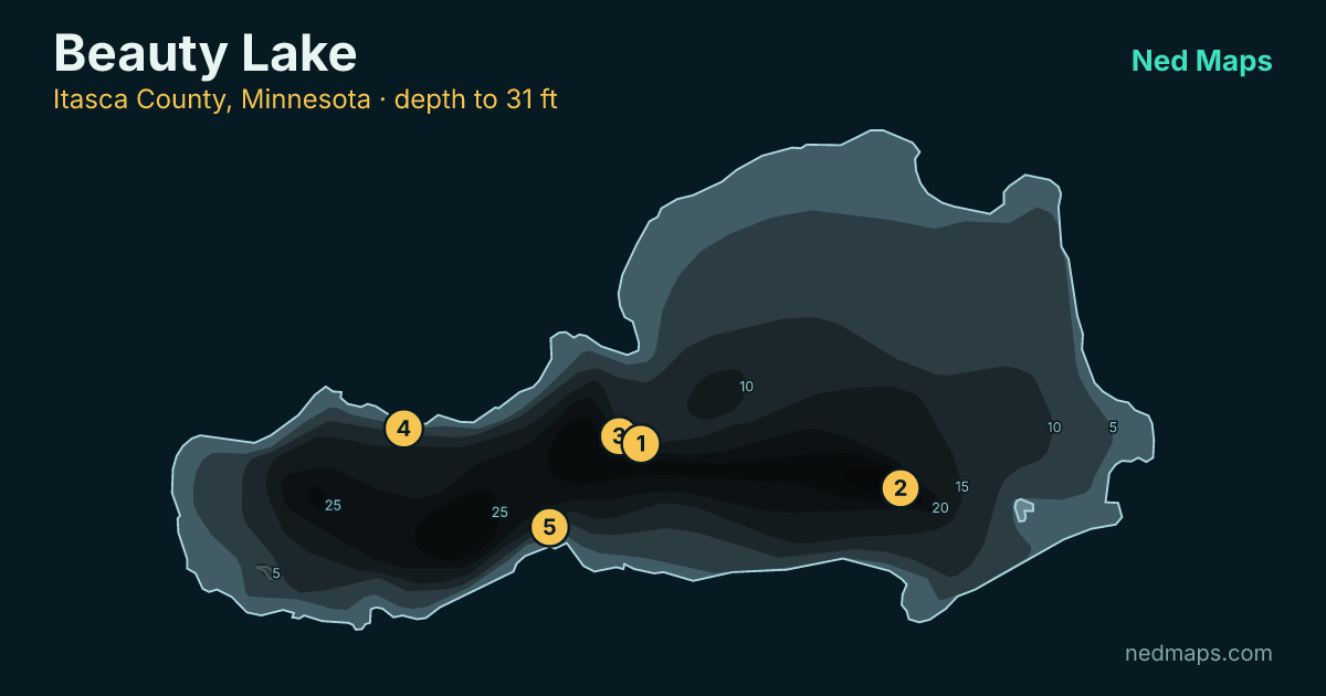 Beauty Lake depth contour map, Itasca County, Minnesota