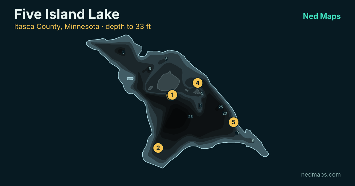 Five Island Lake depth contour map, Itasca County, Minnesota
