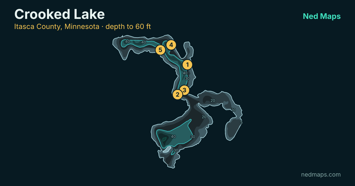 Crooked Lake depth contour map, Itasca County, Minnesota