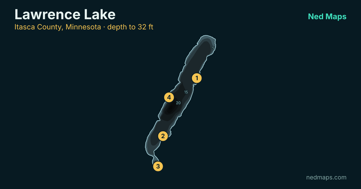 Lawrence Lake depth contour map, Itasca County, Minnesota