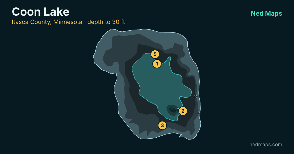 Coon Lake depth contour map, Itasca County, Minnesota