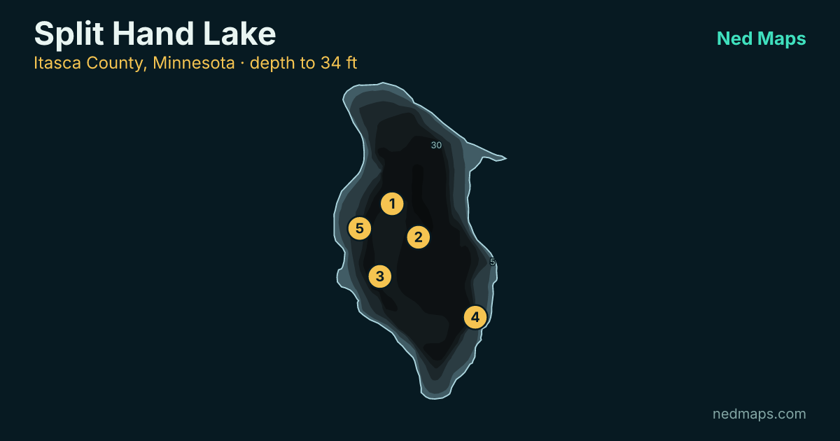 Split Hand Lake depth contour map, Itasca County, Minnesota