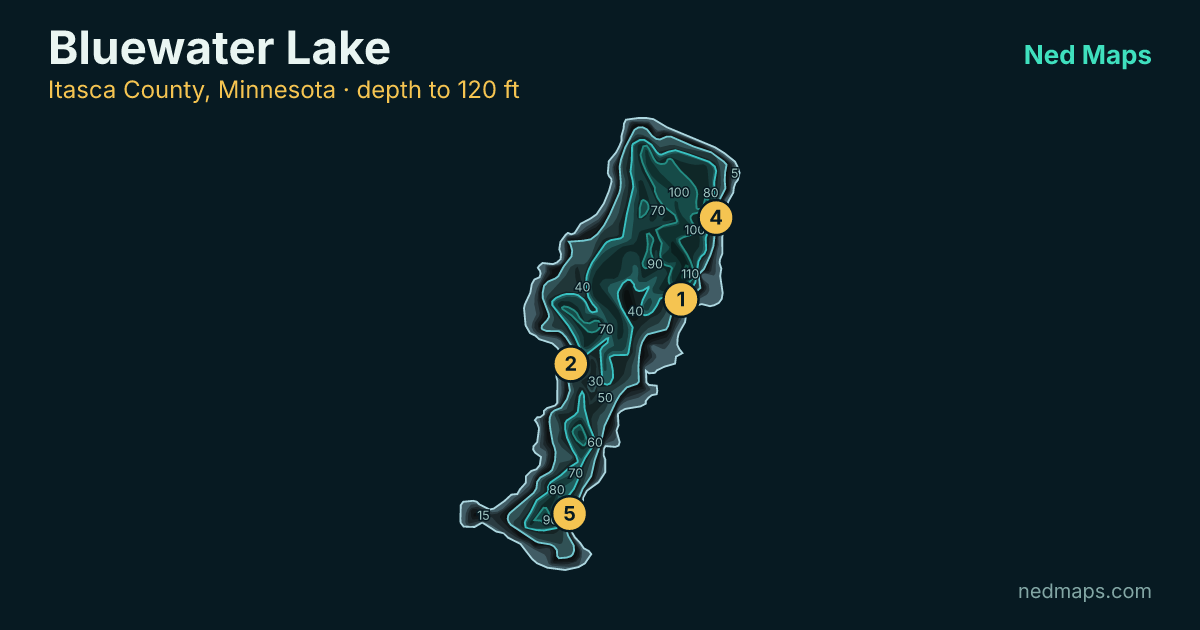 Bluewater Lake depth contour map, Itasca County, Minnesota