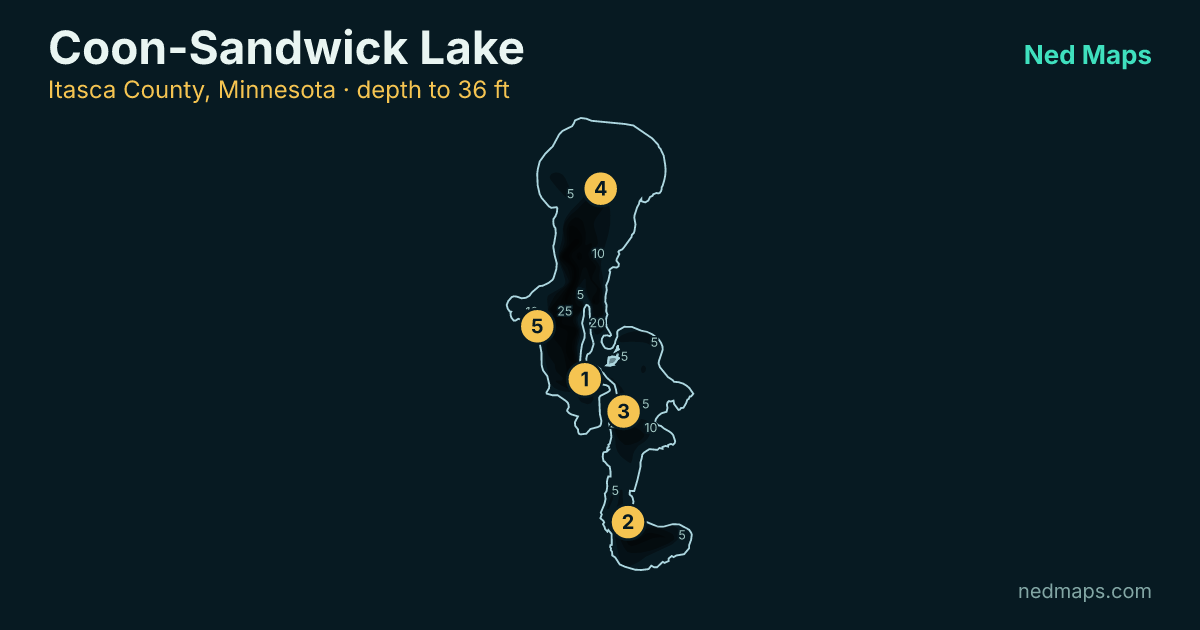 Coon-Sandwick Lake depth contour map, Itasca County, Minnesota
