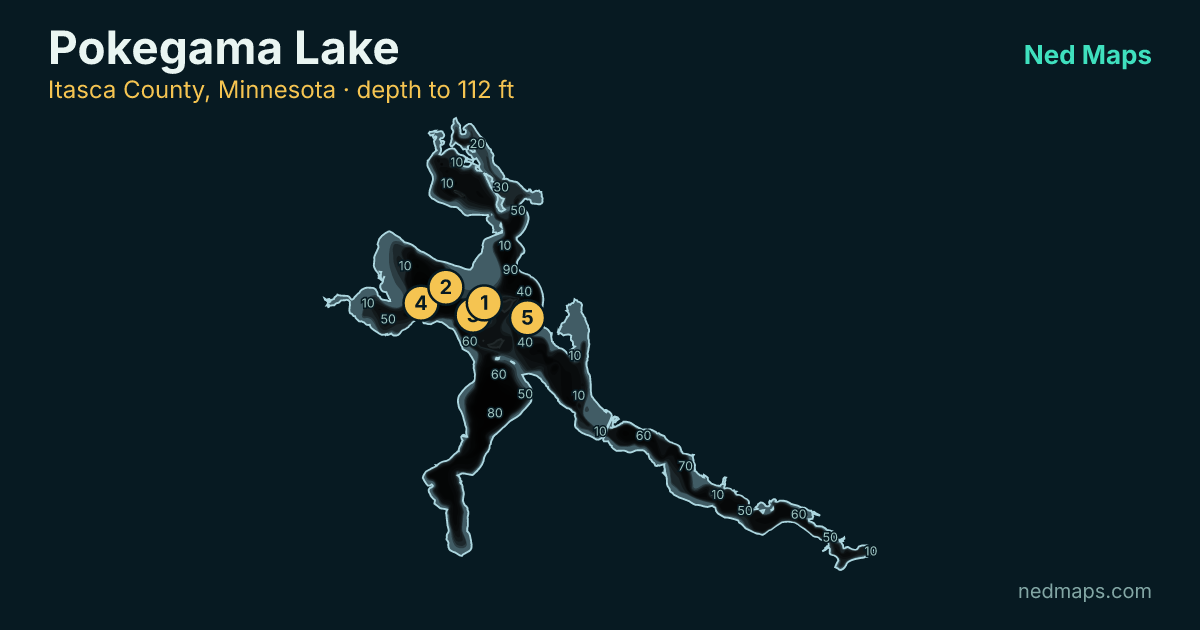 Pokegama Lake depth contour map, Itasca County, Minnesota