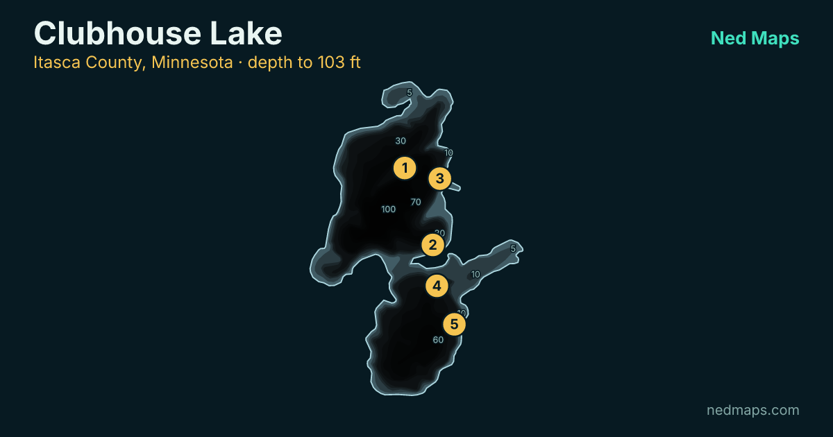 Clubhouse Lake depth contour map, Itasca County, Minnesota