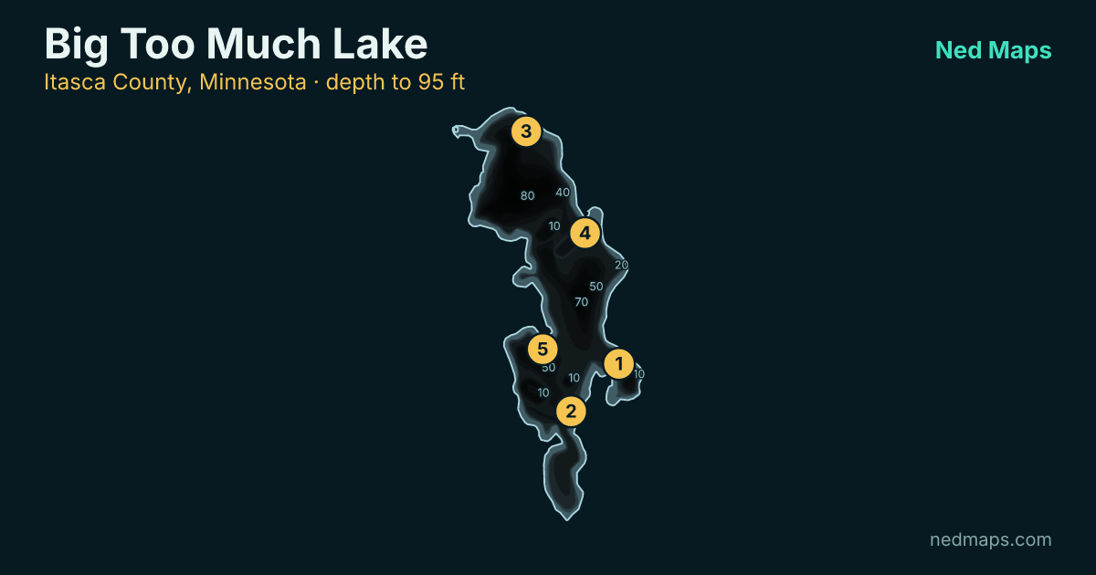 Big Too Much Lake depth contour map, Itasca County, Minnesota