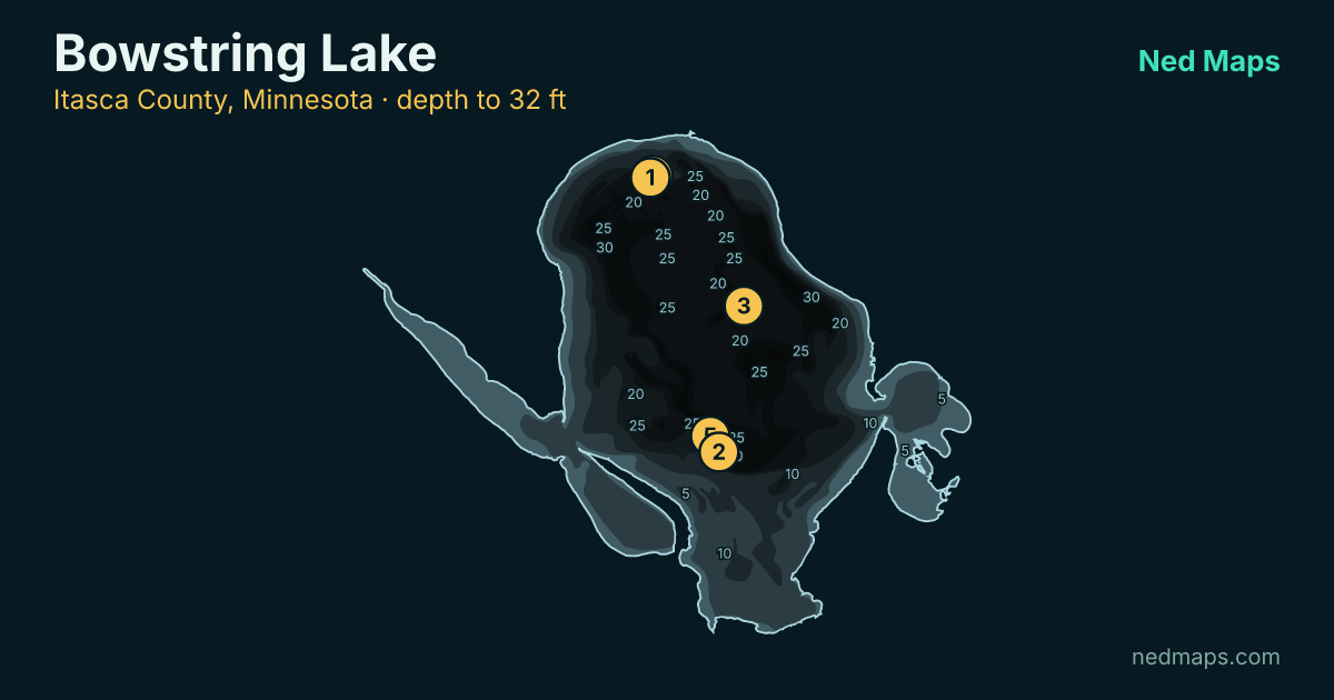 Bowstring Lake depth contour map, Itasca County, Minnesota