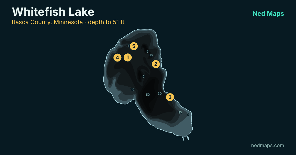 Whitefish Lake depth contour map, Itasca County, Minnesota