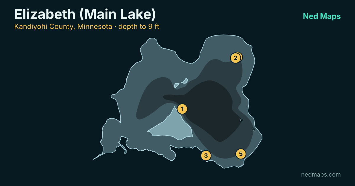 Elizabeth (Main Lake) depth contour map, Kandiyohi County, Minnesota