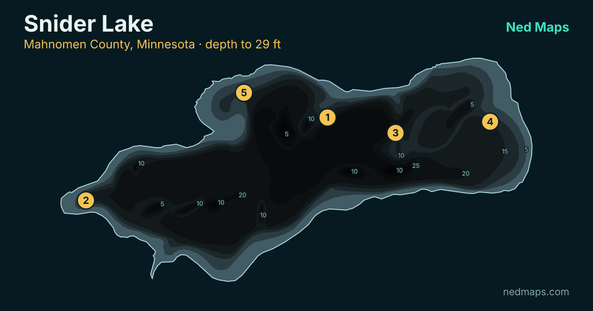 Snider Lake depth contour map, Mahnomen County, Minnesota
