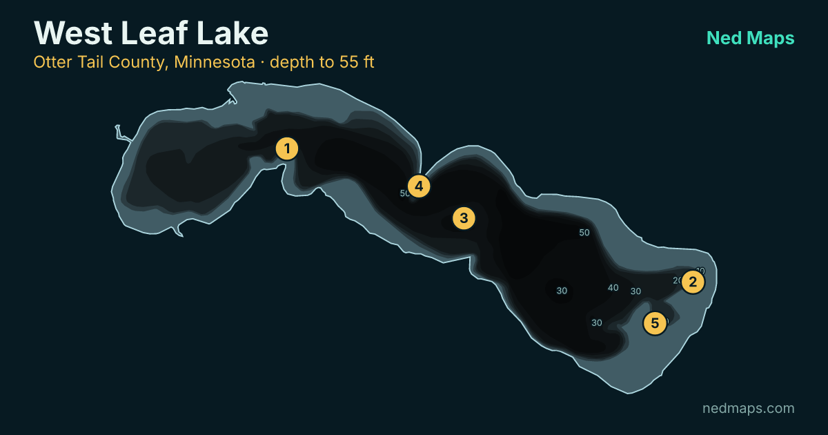 West Leaf Lake depth contour map, Otter Tail County, Minnesota