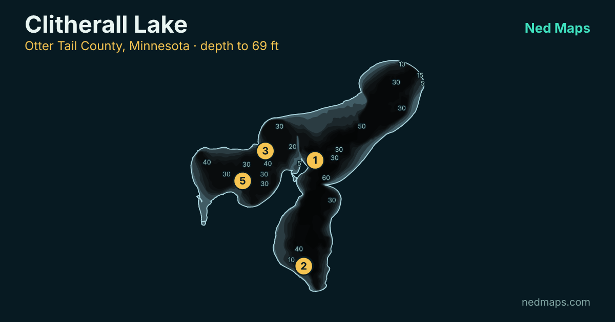 Clitherall Lake depth contour map, Otter Tail County, Minnesota