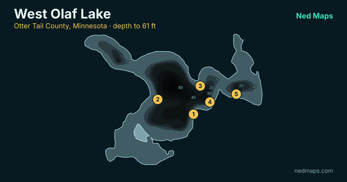 West Olaf Lake depth contour map, Otter Tail County, Minnesota