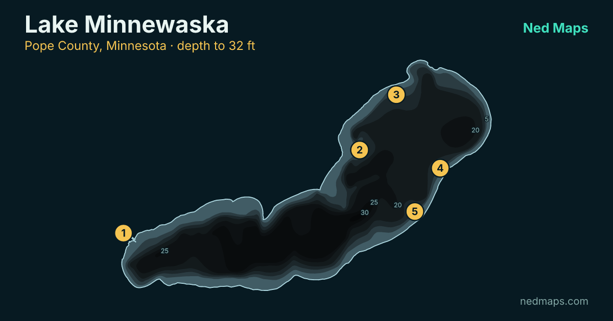 Lake Minnewaska depth contour map, Pope County, Minnesota
