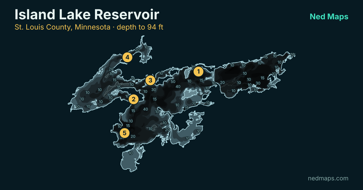 Island Lake Reservoir depth contour map, St. Louis County, Minnesota