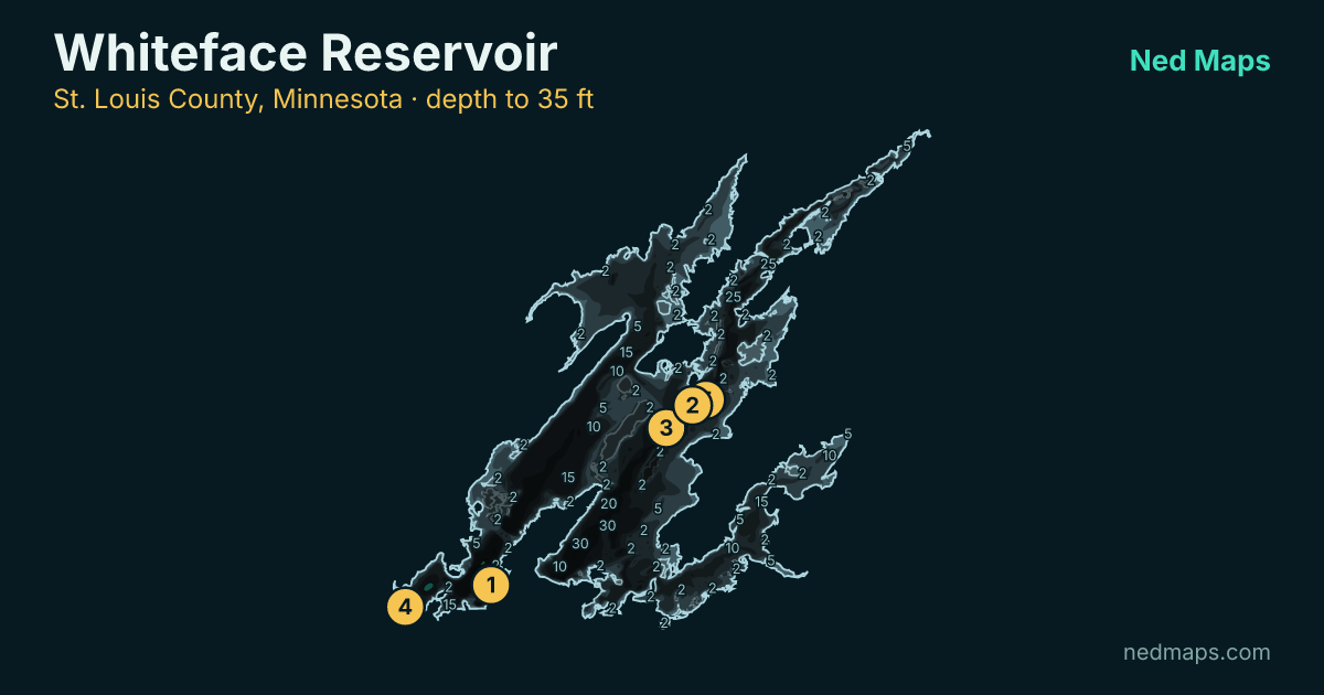 Whiteface Reservoir depth contour map, St. Louis County, Minnesota