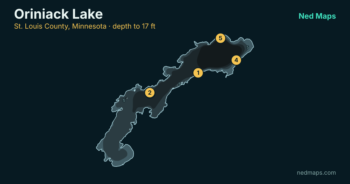 Oriniack Lake depth contour map, St. Louis County, Minnesota