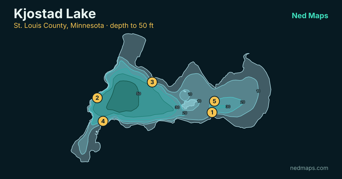Kjostad Lake depth contour map, St. Louis County, Minnesota