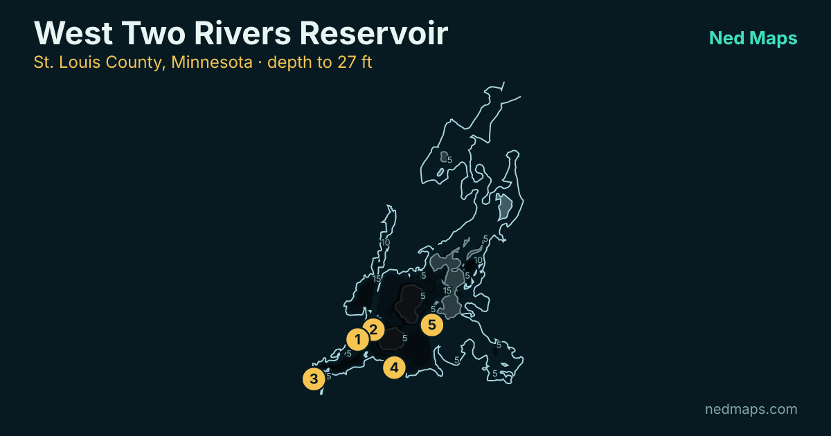 West Two Rivers Reservoir depth contour map, St. Louis County, Minnesota