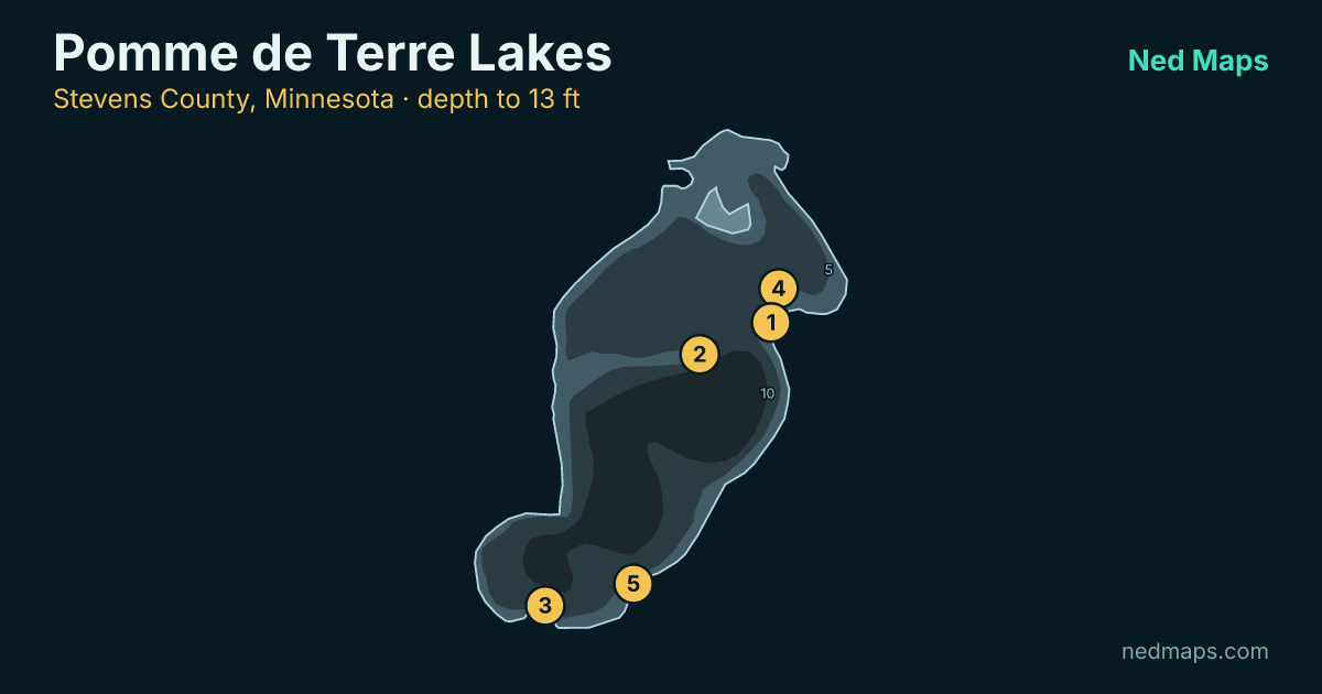 Pomme de Terre Lakes depth contour map, Stevens County, Minnesota