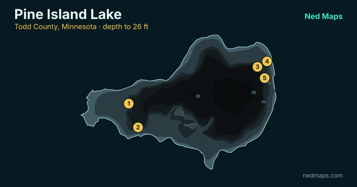Pine Island Lake depth contour map, Todd County, Minnesota