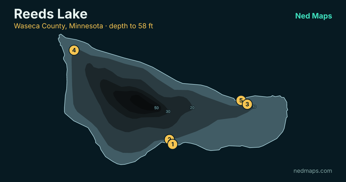 Reeds Lake depth contour map, Waseca County, Minnesota