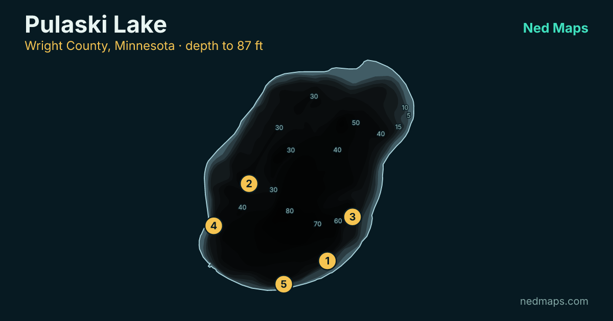 Pulaski Lake depth contour map, Wright County, Minnesota