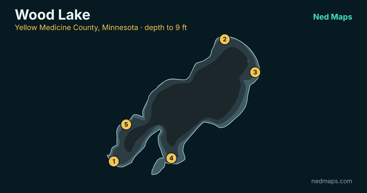 Wood Lake depth contour map, Yellow Medicine County, Minnesota
